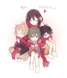  2boys 2girls ^_^ aged_down black_hair black_hoodie blonde_hair blush brown_pants brown_sweater closed_eyes covered_mouth enpera facing_viewer fringe_trim full_body green_eyes green_hair grey_shorts hair_between_eyes hair_ornament hairclip heart hood hood_down hoodie kagerou_project kano_shuuya kido_tsubomi korean_text leaning_on_person long_sleeves looking_at_viewer looking_away looking_to_the_side mekakucity_actors multiple_boys multiple_girls open_mouth pants purple_shirt red_scarf scarf seto_kousuke shared_clothes shared_scarf shirt short_hair short_sleeves shorts sitting smile socks sweater tateyama_ayano third-party_source ton_e2 translation_request upper_body white_background white_shirt white_socks x_hair_ornament yellow_eyes yellow_shorts 