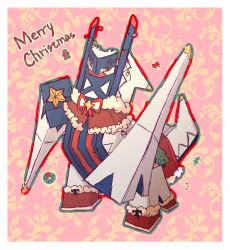  archaludon badfish08 border brown_eyes candy candy_cane capelet christmas christmas_lights christmas_wreath clothed_pokemon colored_sclera english_text food full_body fur-trimmed_capelet fur_trim gingerbread_man merry_christmas multicolored_outline no_humans outline pokemon pokemon_(creature) pokemon_focus red_capelet santa_costume solo star_(symbol) white_border wreath yellow_sclera 