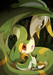  blurry blurry_background cave_interior depth_of_field highres looking_at_another no_humans open_mouth plant pokemon pokemon_(creature) serperior snivy vines winter939 