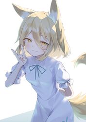  1girl animal_ear_fluff animal_ears arm_behind_back blonde_hair blush breasts cowboy_shot dress fox_ears fox_shadow_puppet fox_tail hair_between_eyes half-closed_eyes highres kudamaki_tsukasa leaning_forward light_smile medium_hair petite puffy_short_sleeves puffy_sleeves ribbon short_sleeves small_breasts solo suikario tail touhou white_romper 