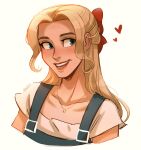  1girl absurdres artist_name blonde_hair blue_eyes blue_overalls borrowed_character bow chalseu collarbone commentary cropped_torso english_commentary hair_behind_ear hair_bow highres jewelry long_hair necklace open_mouth overalls portrait real_life red_bow signature smile solo 