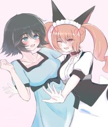  2girls absurdres akiha_rumiho animal_ear_hairband animal_ears belt_around_waist belt_buckle black_hair blue_dress blush buckle cat_ears dress drill_hair fake_animal_ears frills hairband highres hug lemoned_hl_5050 long_hair maid maid_headdress mayqueen_maid_uniform multiple_girls one_eye_closed open_mouth pink_eyes pink_hair pouncing puffy_short_sleeves puffy_sleeves science_adventure shiina_mayuri short_hair short_sleeves smile steins;gate tsurime twin_drills twintails 