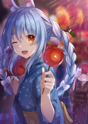  1girl absurdres alternate_costume animal_ears blue_hair blue_kimono braid candy_apple carrot_hair_ornament chameleon_(chameleon0613) commentary food food-themed_hair_ornament hair_ornament highres holding holding_candy_apple holding_food hololive japanese_clothes kimono looking_at_viewer multicolored_hair one_eye_closed open_mouth orange_eyes rabbit-shaped_pupils rabbit_ears rabbit_girl smile solo symbol-shaped_pupils teeth twin_braids two-tone_hair upper_teeth_only usada_pekora virtual_youtuber white_hair 