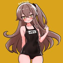  1girl breasts brown_hair commentary girls'_frontline_2:_exilium girls_frontline hair_tie leva_(girls'_frontline_2) light_smile long_hair looking_at_viewer papacat scar scar_across_eye scar_on_face school_swimsuit side_ponytail small_breasts swimsuit ump45_(girls'_frontline) yellow_background yellow_eyes 