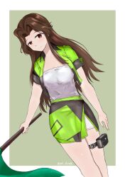  1girl brown_hair c2_race_queen_uniform commentary_request cropped_jacket flag green_flag green_jacket green_skirt grey_background grey_tube_top hair_intakes highres holding holding_flag jacket jintsuu_(kancolle) kantai_collection long_hair multicolored_jacket multicolored_skirt pairu_(pile_drvx86) race_flag racequeen short_sleeves skirt solo strapless thigh_strap_slip tube_top two-tone_skirt 