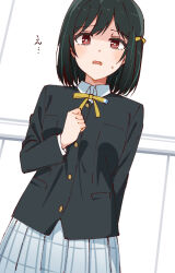  1girl black_hair black_jacket blush collared_shirt commentary_request hand_up jacket long_sleeves looking_at_viewer love_live! love_live!_nijigasaki_high_school_idol_club mifune_shioriko neck_ribbon nijigasaki_school_uniform open_mouth plaid_clothes plaid_skirt pleated_skirt red_eyes ribbon school_uniform shirt short_hair skirt skt_(ryxxxxx) solo white_shirt white_skirt winter_uniform yellow_ribbon 