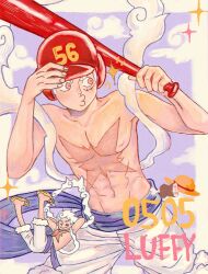  1boy abs arms_behind_head arms_up baseball_bat baseball_helmet border character_name closed_eyes clouds commentary_request dated devil_fruit_power gear_fifth hagoromo helmet highres holding holding_baseball_bat jjerri00 korean_commentary looking_to_the_side male_focus monkey_d._luffy multiple_views navel nipples one_piece pectorals pink_eyes purple_sash sandals sash scar scar_on_cheek scar_on_chest scar_on_face shawl short_hair shorts sideways_glance white_border white_hair white_shorts 