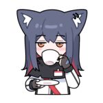  1girl :3 animal_ears arknights black_gloves black_hair blush_stickers brown_eyes chibi cup drinking ear_piercing fingerless_gloves gloves holding holding_cup holding_saucer huang_qing_ye id_card jacket jitome lowres piercing redhead saucer simple_background solo texas_(arknights) white_background white_jacket wolf_ears wolf_girl 