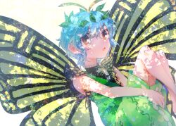  1girl antennae aqua_hair butterfly_wings commentary_request dress eternity_larva fairy green_dress hair_between_eyes insect_wings itomugi-kun leaf leaf_on_head looking_at_viewer multicolored_dress open_mouth short_hair sleeveless solo touhou wings 