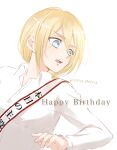  1girl blonde_hair blue_eyes breasts christa_renz collared_shirt commentary_request happy_birthday highres medium_hair open_mouth sash shingeki_no_kyojin shirt sirius_0905hz small_breasts solo translation_request twitter_username upper_body white_shirt 