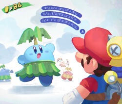  :d arm_up big_nose blue_eyes blue_overalls bright_pupils brown_hair chacha_(kirby) commentary_request copyright_notice cosplay crossover english_text f.l.u.d.d. facial_hair from_behind full_body gloves hand_up hat heads-up_display highres holding holding_instrument holding_maracas instrument kirby kirby_(series) kirby_64 light_blush maracas mario mustache overalls pianta pianta_(cosplay) red_hat red_shirt shirt short_sleeves smile standing standing_on_one_leg super_mario_bros. super_mario_sunshine suyasuyabi translated twitter_username user_interface watermark white_gloves white_pupils 