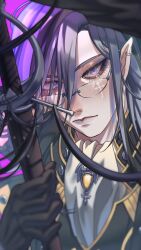  1boy 57pan absurdres ascot black_gloves black_hair black_jacket brooch chinese_commentary cross cross_facial_mark ear_piercing english_commentary eyeshadow facial_mark gem glasses gloves grey_hair hair_between_eyes highres holding holding_sword holding_weapon holostars holostars_english jacket jewelry lips long_hair long_hair_between_eyes looking_at_viewer makeup male_focus mixed-language_commentary multicolored_hair noir_vesper noir_vesper_(old_design) piercing pink_background pointy_ears portrait purple_eyeshadow rapier ring_piercing sheath sheathed sideways_glance solo streaked_hair sword violet_eyes virtual_youtuber weapon white_ascot yellow_gem 