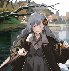  1girl ahoge bare_tree black_jacket blush boat braid closed_eyes collared_shirt commentary_request day dress dress_shirt facing_viewer grey_dress grey_hair hair_ornament holding jacket kizuna_akari lake lamb_(hitsujiniku) long_sleeves low_twintails notice_lines open_clothes open_jacket open_mouth outdoors puffy_long_sleeves puffy_sleeves rowboat shirt solo tree twin_braids twintails voiceroid water watercraft white_shirt 