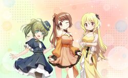  3girls alternate_costume anna_mel aqua_eyes artist_request bare_arms bare_shoulders bishie_sparkle black_bow black_capelet black_choker black_collar black_dress black_hat black_pantyhose black_ribbon blonde_hair blush bow bowler_hat bowtie bra_strap brooch brown_hair capelet choker closed_mouth collar collarbone collared_shirt cowboy_shot criss-cross_straps detached_collar dot_nose dress dress_shirt embarrassed eyelashes flower_knot frilled_capelet frilled_dress frilled_shirt_collar frilled_sleeves frills game_cg gradient_background green_background green_bow green_bowtie green_hair hair_between_eyes hair_bow hair_ribbon halftone halftone_background hand_on_own_arm happy hat hat_bow head_tilt highres idol_clothes jewelry layered_dress light_blush light_particles long_dress long_hair long_sleeves mahou_shoujo_madoka_magica mahou_shoujo_madoka_magica_magia_exedra medium_hair mini_hat multiple_girls nervous off-shoulder_dress off_shoulder official_art one_eye_closed open_mouth orange_background orange_dress orange_ribbon orange_sash pantyhose pink_eyes pleated_dress puffy_long_sleeves puffy_sleeves raised_inner_eyebrows ribbon ring sash see-through_clothes see-through_sleeves shirt shirt_under_dress short_dress short_side_ponytail side_ponytail sidelocks skirt_hold sleeves_past_wrists smile standing tareme third-party_source togame_momoko two-tone_background two-tone_ribbon waist_bow waist_sash wavy_hair wavy_mouth white_ribbon white_shirt white_sleeves yellow_dress yui_tsuruno 