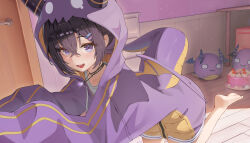  1girl animal_costume barefoot blush brown_hair cake collarbone commentary crossed_bangs double-parted_bangs dragon_costume fake_horns fake_tail fake_wings feet food foot_out_of_frame hair_between_eyes hair_ornament hairclip highres hood hood_up hoodie horned_hood horns indie_virtual_youtuber indoors jewelry kagemoe1003 leg_up long_sleeves necklace open_mouth parallel_hairclips purple_hoodie shirt short_hair sleeves_past_wrists stuffed_toy tail teeth upper_teeth_only violet_eyes virtual_youtuber white_shirt wings zipper 