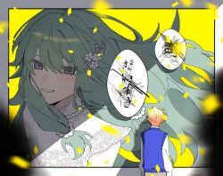  1boy 1girl blonde_hair blue_sweater_vest blurry blurry_foreground blush brown_pants check_commentary commentary_request confetti covered_collarbone dot_nose dress floating_hair flower from_behind gradient_hair green_hair hair_between_eyes hair_branch hair_flower hair_ornament highres jewelry kusanagi_nene long_hair long_sidelocks long_sleeves looking_at_viewer low-tied_sidelocks minna_de_haishin_wedding_live!_(project_sekai) multicolored_hair necklace orange_hair pants parted_lips partial_commentary pearl_necklace project_sekai see-through_clothes see-through_dress shirt short_hair sidelighting sidelocks sleeveless sleeveless_dress smile speech_bubble sweater_vest teacrown tenma_tsukasa twitter_username upper_body very_short_hair violet_eyes white_dress white_flower white_shirt wind yellow_background 