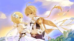  1boy 1girl aether_(genshin_impact) ahoge black_gloves black_shirt blonde_hair blush braid braided_ponytail brother_and_sister cape closed_mouth clouds commentary_request detached_sleeves dress earrings floating_hair flower genshin_impact gloves hair_between_eyes hair_flower hair_ornament highres huhu_norii jewelry long_hair looking_at_another lumine_(genshin_impact) midriff navel open_mouth outdoors partially_fingerless_gloves scarf shirt siblings twins upper_body white_dress white_scarf white_sleeves wind 