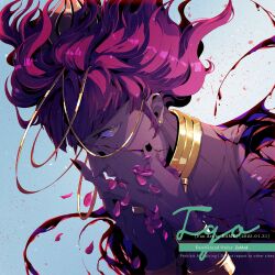  1boy armlet black_nails choker collarbone commentary_request cracked_skin dame dame_(dame_ice) dark-skinned_male dark_skin earrings fate/grand_order fate_(series) floating_hair gold_armlet gold_choker gold_ring hair_floating_upwards hand_on_own_face highres jewelry looking_to_the_side male_focus petals pink_hair slit_pupils solo tongue tongue_out topless_male watermark yellow_eyes zahhak_(fate) 