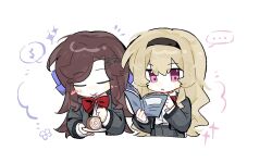  ... 2girls :< black_hairband blonde_hair blush book bow bowtie brown_hair cake cake_slice chibi chinese_commentary closed_eyes closed_mouth collared_shirt commentary_request cropped_torso eating eighth_note flower_symbol food grey_jacket grey_skirt hair_bow hair_ornament hairband hands_up holding holding_book holding_plate holding_spoon jacket lemonade3417 long_hair long_sleeves looking_at_viewer multiple_girls musical_note notice_lines open_book open_clothes open_jacket parted_bangs pink_eyes plate purple_bow reading red_bow red_bowtie saijou_claudine school_uniform seishou_music_academy_uniform shirt shoujo_kageki_revue_starlight simple_background skirt sparkle speech_bubble spoken_ellipsis spoken_notice_lines spoon tendou_maya upper_body utensil_in_mouth v-shaped_eyebrows wavy_hair white_background white_shirt x_hair_ornament 