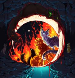  animal animal_focus black_cat blood blue_eyes brother_and_sister brothers cat cave commentary crescent dual_persona fallen_leaves_(warrior_cats) fire full_moon green_eyes grey_cat hair_ornament highres holly_hair_ornament hollyleaf jayfeather kitty_(fernwhisker) lionblaze moon name_connection no_humans object_namesake orange_cat orange_eyes power_of_three rock_(warrior_cats) siblings tabby_cat warrior_cats water 