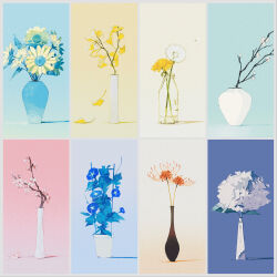  absurdres blue_flower bottle cherry_blossoms column_lineup comiket_107 commentary_request dandelion dandelion_clock flower flower_focus flower_pot ginkgo_tree glass_bottle grid_lineup highres milk_bottle mitsubachi_(roundbee) morning_glory no_humans original petals pink_flower red_flower sapling shadow spider_lily still_life sunflower vase white_flower yellow_flower 