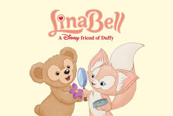  1boy 1girl animal_ears bear_ears character_name commentary_request copyright_name duffy_and_friends duffy_the_disney_bear flower fox_girl furry furry_female holding holding_magnifying_glass linabell looking_at_viewer magnifying_glass no_humans smile standing withduffy_tds 