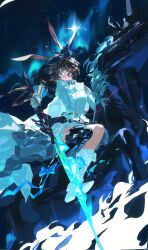  1girl absurdres amiya_(arknights) amiya_(guard)_(arknights) amiya_(guard)_(in_a_myriad_of_universes)_(arknights) animal_ears arknights asymmetrical_footwear aurora black_boots black_skirt blue_eyes blue_fire boots brown_hair chinese_commentary commentary_request dress fire flaming_sword flaming_weapon floating_hair from_below full_body gauntlets highres holding holding_sword holding_weapon horse jumping long_hair looking_at_viewer mechanical_horse mismatched_footwear procreate_(medium) qingningqianxianick rabbit_ears rabbit_girl shoe_soles single_gauntlet skirt sky solo star_(sky) starry_sky sword weapon white_boots white_dress 