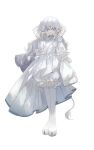  1girl absurdres axleaki blue_eyes boots closed_mouth detached_sleeves dress frills full_body highres horns long_hair looking_at_viewer original pointy_ears puffy_shorts shorts simple_background sleeves_past_wrists solo tachi-e tail white_background white_dress white_footwear white_hair white_horns white_shorts white_tail white_theme 