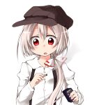  1girl :o adapted_costume alternate_hairstyle between_fingers black_headwear bow cabbie_hat candy chocolate_cigarette cigarette cigarette_candy collared_shirt d: dot_nose food fujiwara_no_mokou hair_between_eyes hair_bow hair_over_shoulder hands_up hat holding holding_cigarette juliet_sleeves light_blush long_hair long_sleeves low_ponytail nanana_(chicken_union) orion_(company) orion_cocoa_cigarettes parted_lips product_placement puffy_sleeves red_eyes shirt side_ponytail simple_background smoke smoking solo suspenders touhou upper_body white_background white_bow white_hair white_shirt wing_collar 