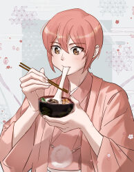  1boy ace_of_diamond asa_no_ha_(pattern) bowl brown_eyes chopsticks eating egasumi food_request hair_between_eyes highres holding holding_bowl holding_chopsticks holding_with_chopsticks japanese_clothes light_blush male_focus pink_hair short_hair solo upper_body uxxuxxkl 