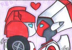  1boy 1girl backpack bag bittersweetdrug blue_eyes dual_persona heart kiss mecha nurse pointy_ears red_alert_(transformers) robot selfcest signature traditional_media transformers transformers_animated 