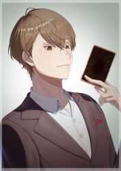  1boy absurdres brown_eyes brown_hair buttons cellphone closed_mouth collared_shirt commentary_request grey_background highres holding holding_phone kagami_hayato looking_at_viewer magurosamm male_focus nijisanji phone shirt short_hair smartphone solo upper_body virtual_youtuber 