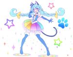  1girl animal_ears black_choker blue_footwear blue_gloves blue_hair boots braid cat_ears cat_tail choker cure_cosmo dress elbow_gloves full_body fur-trimmed_boots fur-trimmed_gloves fur_trim gloves hair_between_eyes hat kyoutsuugengo long_hair looking_at_viewer magical_girl mini_hat mini_top_hat multicolored_hair open_mouth pink_hair precure rainbow_skirt smile solo sparkle star_(symbol) star_twinkle_precure streaked_hair tail thigh_boots top_hat triangle_hair_ornament twin_braids twintails very_long_hair yellow_eyes yuni_(precure) 