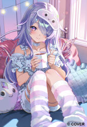  1girl absurdres chemise closed_mouth colored_inner_hair commentary copyright_name cup curtains detached_wings english_commentary gem gradient_hair grey_hair hair_flaps hair_over_one_eye hand_jewel highres holding holding_cup hololive hololive_english indoors jewel_under_eye kneehighs knees_up koseki_bijou koseki_bijou_(pebble_pajamas) long_hair looking_at_viewer mask mask_on_head multicolored_hair no_shoes official_alternate_costume official_alternate_hairstyle official_art pink_hair purple_gem purple_hair short_sleeves shorts single_kneehigh single_sock single_thighhigh sitting sleep_mask smile socks solo spiro_(supirou2052) striped_clothes striped_socks striped_thighhighs thigh-highs very_long_hair violet_eyes virtual_youtuber white_chemise white_shorts window wings 