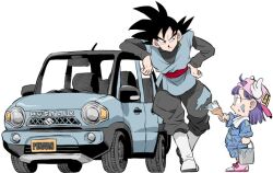  1boy 1girl black_hair black_shirt car closed_mouth commentary_request creator_connection crossover dougi dr._slump dragon_ball dragon_ball_super earrings full_body goku_black jewelry kei_car license_plate long_hair motor_vehicle nakazaki_tou norimaki_arale potara_earrings shirt simple_background single_earring spiky_hair sports_utility_vehicle suzuki_(company) suzuki_hustler white_background 