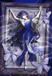  1girl armlet arms_up barefoot black_hair blue_background blue_veil bug butterfly closed_mouth dress full_body highres impaled insect_pin isolde_(reverse:1999) isolde_(the_last_fluttering_beat)_(reverse:1999) jewelry long_hair looking_at_viewer official_alternate_costume picture_frame pinned purple_butterfly reverse:1999 san1tize2 sleeveless sleeveless_dress solo too_many too_many_butterflies veil very_long_hair violet_eyes zoological_specimen 