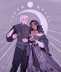  1boy 1girl absurdres alternate_skin_color black_choker black_dress black_hair black_jacket black_nails black_pants choker crescent dark-skinned_female dark_skin dress earrings fork geralt_of_rivia grey_background highres holding holding_fork jacket jewelry long_hair looking_at_another onlymagpie pants ponytail shrimp the_witcher_(netflix) the_witcher_(series) violet_eyes white_hair yennefer_of_vengerberg 