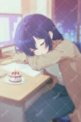  1girl at_computer blue_hair blue_pants brown_jacket cake character_request closed_eyes commentary_request crossed_arms food head_rest highres iriam jacket long_sleeves monitor nta_(n_tan2) pants parted_bangs plate sample_watermark short_hair sitting sleeping solo strawberry_cake virtual_youtuber watermark 