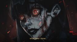  1girl absurdres black_hair black_lips blood blood_on_face bright_pupils brown_background colored_skin commentary cracked_skin embers english_commentary english_text grey_skin highres lips long_hair looking_down nose original parted_lips portrait red_eyes solo subtitled surprised symbol-shaped_pupils titanartx white_pupils wide-eyed 