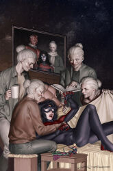  1boy 6+girls black_bodysuit black_hair bodysuit book captain_marvel carol_danvers character_doll character_request colored_skin comic_cover commentary cup doll english_commentary hair_bun highres holding holding_book holding_cup horrified jessica_drew lying marvel mature_female mug multiple_girls multiple_persona no_pupils official_art old old_woman on_back open_book open_mouth red_lips red_skin signature spider-man_(series) spider-woman spider_web_print superhero_costume western_comics_(style) white_hair yoon_junggeun 
