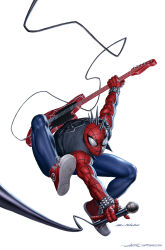  1boy black_vest blue_bodysuit bodysuit bracelet cable comic_cover commentary english_commentary guitar highres holding holding_guitar holding_instrument holding_microphone instrument jewelry male_focus marvel microphone multicolored_bodysuit muscular muscular_male official_alternate_costume official_art punk red_bodysuit red_shoes shoes sneakers solo spider-man_(series) spider-punk spider-verse spider_web_print spiked_mask studded_bracelet superhero_costume vest white_background yoon_junggeun 