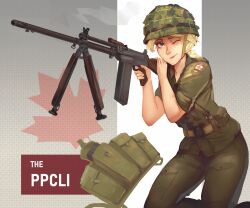  1girl 2ltpaula aiming ammunition_pouch battle_rifle bipod blonde_hair blue_eyes canada canadian_flag combat_helmet english_commentary feet_out_of_frame finger_on_trigger fn_fal freckles green_jacket green_pants gun helmet highres jacket machine_gun magazine_(weapon) military military_combat_uniform military_rank_insignia military_uniform one_eye_closed original pants patch pouch rifle shoulder_patch sleeves_rolled_up weapon 