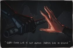  2others absurdres black_background black_gloves border commentary english_commentary english_text gloves hand_focus highres holding holding_baton multiple_others open_hand original other_focus relay_baton subtitled titanartx white_border 