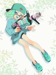  .96_gal_(splatoon) 1girl absurdres backwards_hat baseball_cap black_shorts blue_eyes blue_hair blue_hat blue_shoes blue_sweater blue_tongue colored_tongue eyebrow_cut full_body hat highres inkling inkling_girl inkling_player_character long_sleeves looking_at_viewer medium_hair open_mouth pointy_ears shoes shorts smile sneakers solo splatoon_(series) standing surume01417 sweater tentacle_hair v 