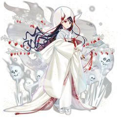  1girl alternate_costume alternate_horns brown_hair full_body game_cg grey_kimono highres holding holding_sword holding_weapon hooded_kimono horn_ornament horn_ribbon horns japanese_clothes katana kimono layered_kimono long_hair long_sleeves looking_at_viewer nippaku_zanmu obi official_art plant_request red_eyes ribbon rotte_(1109) sandals sash shiromuku skull socks solo sword tabi third-party_source touhou touhou_lostword transparent_background uchikake weapon white_horns white_kimono white_sandals white_socks wide_sleeves 