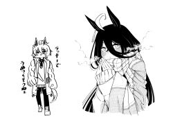  2girls agnes_tachyon_(tach-nology)_(umamusume) agnes_tachyon_(umamusume) ahoge alternate_costume animal_ears blush breathing_on_hands cold commentary_request cropped_arms cropped_hair cropped_torso crossed_bangs doodle_inset earrings enpera from_side greyscale hair_between_eyes hands_up highres horse_ears horse_girl horse_tail jacket jewelry long_hair long_hair_between_eyes long_sleeves looking_at_viewer manhattan_cafe_(umamusume) monochrome multicolored_hair multiple_girls muscular_arms own_hands_together plaid_clothes plaid_scarf scarf sideways_glance simple_background single_earring solo_focus steam_from_mouth steepled_fingers streaked_hair sweater tail tori_(hiyoko_bazooka) translation_request umamusume very_long_hair warming_hands white_background 