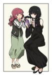  2girls absurdres ahoge alcohol alcohol_carton barefoot black_dress black_hair black_nails blue_eyes blush bocchi_the_rock! border cellphone chin_piercing closed_eyes closed_mouth clothing_cutout collarbone colored_inner_hair comb dress drinking drinking_straw flats gothic goumonsha green_dress height_difference highres hiroi_kikuri holding holding_phone jacket long_dress long_hair long_sleeves messy_hair multicolored_hair multiple_girls nail_polish open_mouth pa-san phone purple_hair redhead shaded_face shoulder_cutout sidelocks sitting sleeves_past_wrists smartphone standing stool two-tone_hair white_background wide_sleeves yellow_background 