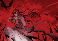  1boy bird black_bird black_boots black_feathers black_hair black_hanfu blood boots chenqing_flute chinese_clothes closed_mouth commentary_request crow dizi falling_feathers feathers fighting_stance floating_hair flute grey_pants grey_shirt hair_down hair_ribbon hanfu highres holding holding_flute holding_instrument holding_weapon instrument long_hair long_sleeves looking_at_viewer male_focus modao_zushi mugiwara0077 official_alternate_costume pants red_background red_eyes red_ribbon red_sash red_sky red_theme ribbon sash shirt sky solo tassel torn_clothes transverse_flute weapon wei_wuxian wei_wuxian_(yunmeng_clan) yaopei 