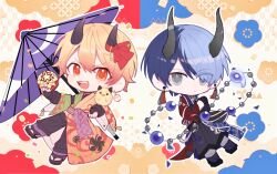  2boys aoyagi_touya beads black_gloves blue_flower blue_hair chibi closed_mouth clothing_request commentary_request confetti demon_horns earrings eyes_visible_through_hair fangs fingernails flower full_body gloves grey_eyes hands_up highres holding holding_umbrella horns jewelry looking_at_viewer male_focus mole mole_under_eye multicolored_hair multiple_boys nail_polish official_alternate_costume open_mouth orange_eyes orange_hair project_sekai purple_umbrella raionn1008 red_flower red_nails shinnen_kotohogu_inori_no_mai_(project_sekai) short_hair split-color_hair teeth tenma_tsukasa two-tone_hair umbrella upper_teeth_only 