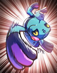  alternate_color birbmonsta commentary croagunk english_commentary full_body highres motion_blur no_humans nostrils pokemon pokemon_(creature) pokemon_focus shiny_pokemon smile solo teeth 